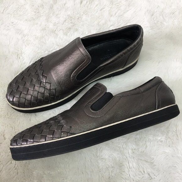 Bottega Veneta Women's Silver Pewter Intrecciato Slip On Sneakers Size 38 1/2 - Picture 3 of 14